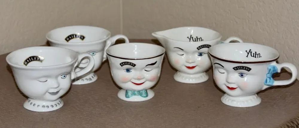 Baileys Irish Cream Winking Creamer & Sugar VINTAGE YUM Coffee Tea Cups 5pc Set